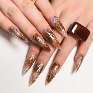 imageBABALAL Brown Fall Press on Nails Stiletto Fake Nails Long Glue on Nails Y2k Sliver Flame Goth Design Acrylic Nails 3D DIY Manicure False NailsANI03