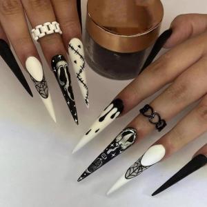 imageBABALAL Brown Fall Press on Nails Stiletto Fake Nails Long Glue on Nails Y2k Sliver Flame Goth Design Acrylic Nails 3D DIY Manicure False NailsANI07