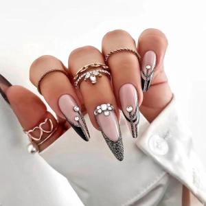 imageBABALAL Brown Fall Press on Nails Stiletto Fake Nails Long Glue on Nails Y2k Sliver Flame Goth Design Acrylic Nails 3D DIY Manicure False NailsANI11