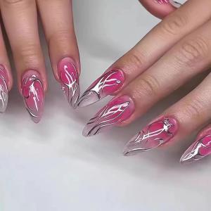imageBABALAL Brown Fall Press on Nails Stiletto Fake Nails Long Glue on Nails Y2k Sliver Flame Goth Design Acrylic Nails 3D DIY Manicure False NailsANI21