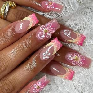 imageBABALAL Press on Nails Almond Medium Fake Nails Orange Pink Glue on Nails 3D Texture Ripple Flower Handmade Acrylic Nails French Tip False Nails 24Pcs Stiletto Manicure Coquette Stick on NailsANP09