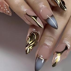 imageBABALAL Press on Nails Almond Medium Fake Nails Orange Pink Glue on Nails 3D Texture Ripple Flower Handmade Acrylic Nails French Tip False Nails 24Pcs Stiletto Manicure Coquette Stick on NailsANP05