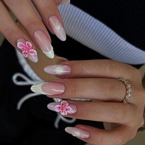 imageBABALAL Press on Nails Almond Medium Fake Nails Orange Pink Glue on Nails 3D Texture Ripple Flower Handmade Acrylic Nails French Tip False Nails 24Pcs Stiletto Manicure Coquette Stick on NailsANP21