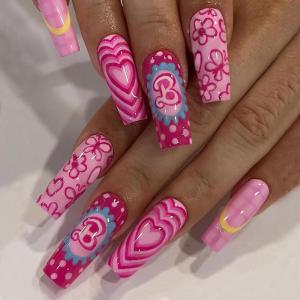 imageBABALAL Press on Nails Almond Medium Fake Nails Orange Pink Glue on Nails 3D Texture Ripple Flower Handmade Acrylic Nails French Tip False Nails 24Pcs Stiletto Manicure Coquette Stick on NailsANP23