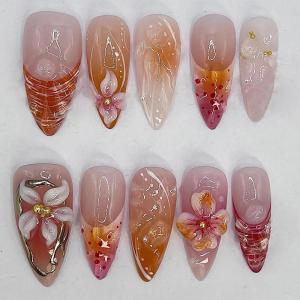 imageBABALAL Press on Nails Almond Medium Fake Nails Orange Pink Glue on Nails 3D Texture Ripple Flower Handmade Acrylic Nails French Tip False Nails 24Pcs Stiletto Manicure Coquette Stick on NailsANP06