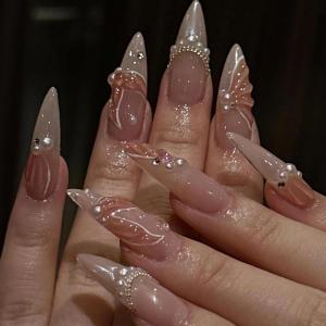 imageBABALAL Press on Nails Almond Medium Fake Nails Orange Pink Glue on Nails 3D Texture Ripple Flower Handmade Acrylic Nails French Tip False Nails 24Pcs Stiletto Manicure Coquette Stick on NailsANP01