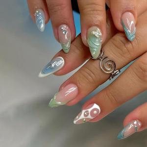 imageBABALAL Press on Nails Almond Medium Fake Nails Orange Pink Glue on Nails 3D Texture Ripple Flower Handmade Acrylic Nails French Tip False Nails 24Pcs Stiletto Manicure Coquette Stick on NailsANP22