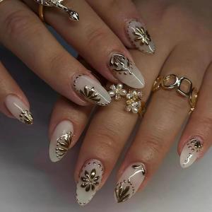 imageBABALAL Press on Nails Almond Medium Fake Nails Orange Pink Glue on Nails 3D Texture Ripple Flower Handmade Acrylic Nails French Tip False Nails 24Pcs Stiletto Manicure Coquette Stick on NailsANP07