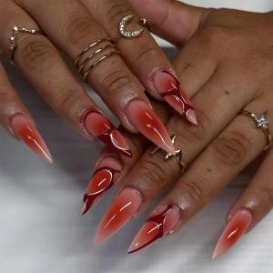 imageBABALAL Press on Nails Almond Medium Fake Nails Orange Pink Glue on Nails 3D Texture Ripple Flower Handmade Acrylic Nails French Tip False Nails 24Pcs Stiletto Manicure Coquette Stick on NailsANP16