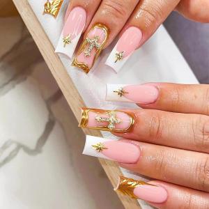 imageBABALAL Square Press on Nails Long Fake Nails Brown French Tip Glue ons Nails with Wild Cheetah Design Acrylic Nails Fall Cherry False Nails 24Pcs Squoval NailsANF07gold