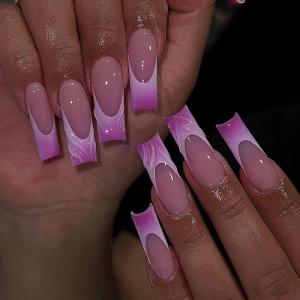 imageBABALAL Square Press on Nails Long Fake Nails Brown French Tip Glue ons Nails with Wild Cheetah Design Acrylic Nails Fall Cherry False Nails 24Pcs Squoval NailsANF02