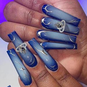 imageBABALAL Square Press on Nails Long Fake Nails Brown French Tip Glue ons Nails with Wild Cheetah Design Acrylic Nails Fall Cherry False Nails 24Pcs Squoval NailsANF12blue