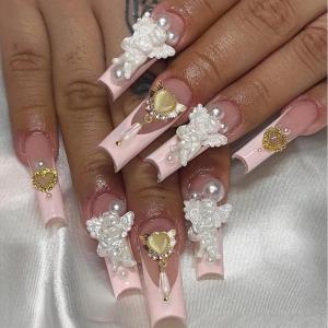 imageBABALAL Square Presson Nails  Long 3D Flower Rhinestone Acrylic 24Pcs Squoval Stickons  White Glue Manicure False Nails for Women GirlsFNP02pink