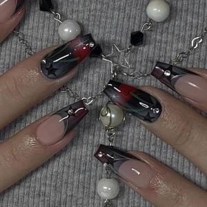 imageBABALAL Square Presson Nails  Long 3D Flower Rhinestone Acrylic 24Pcs Squoval Stickons  White Glue Manicure False Nails for Women GirlsFNP03black