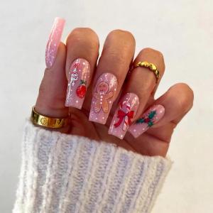 imageBABALAL Square Presson Nails  Long 3D Flower Rhinestone Acrylic 24Pcs Squoval Stickons  White Glue Manicure False Nails for Women GirlsFNP09xmas