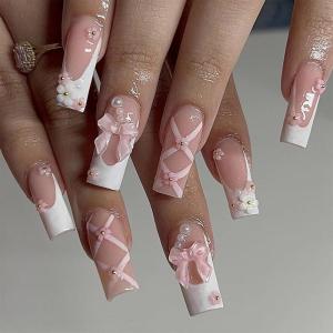 imageBABALAL Square Presson Nails  Long 3D Flower Rhinestone Acrylic 24Pcs Squoval Stickons  White Glue Manicure False Nails for Women GirlsFNP11white