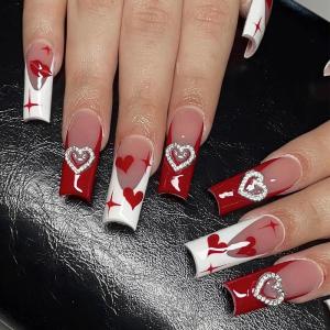 imageBABALAL Square Presson Nails  Long 3D Flower Rhinestone Acrylic 24Pcs Squoval Stickons  White Glue Manicure False Nails for Women GirlsFNP12heart
