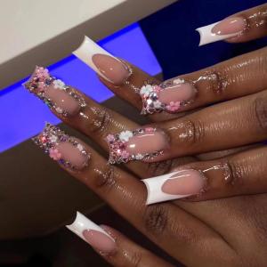 imageBABALAL Square Presson Nails  Long 3D Flower Rhinestone Acrylic 24Pcs Squoval Stickons  White Glue Manicure False Nails for Women GirlsFNP12shiny