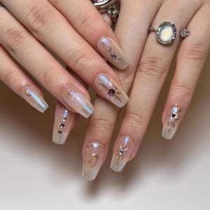 imageBABALAL Square Presson Nails  Long 3D Flower Rhinestone Acrylic 24Pcs Squoval Stickons  White Glue Manicure False Nails for Women GirlsFNP18chrome