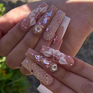 imageBABALAL Square Presson Nails  Long 3D Flower Rhinestone Acrylic 24Pcs Squoval Stickons  White Glue Manicure False Nails for Women GirlsFNP23bling