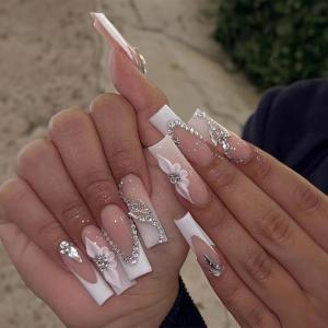 imageBABALAL Square Presson Nails  Long 3D Flower Rhinestone Acrylic 24Pcs Squoval Stickons  White Glue Manicure False Nails for Women GirlsFNP34white