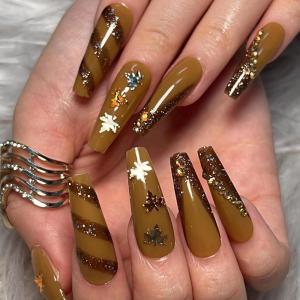imageBABALAL Square Presson Nails  Long 3D Flower Rhinestone Acrylic 24Pcs Squoval Stickons  White Glue Manicure False Nails for Women GirlsFNP36brown