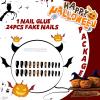 imageBABALAL Almond Press on Nails Medium Halloween Fake Nails Green Glitter French Glue on Nails Rhinestone Spider Ghost Stiletto Acrylic Nails Artificial Nails for Women and GirlsFNHA17orange