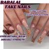 imageBABALAL Long Square Press on Nails Brown Fall Fake Nails Cheetah French Tip Design Y2k Glue ons Nails Heart Pearl Charm Acrylic Nails 24Pcs Handmade Squoval False NailsANB02cheetah