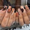 imageBABALAL Long Square Press on Nails Brown Fall Fake Nails Cheetah French Tip Design Y2k Glue ons Nails Heart Pearl Charm Acrylic Nails 24Pcs Handmade Squoval False NailsANB04