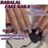 imageBABALAL Long Square Press on Nails Brown Fall Fake Nails Cheetah French Tip Design Y2k Glue ons Nails Heart Pearl Charm Acrylic Nails 24Pcs Handmade Squoval False NailsANB05leopard