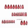 imageBABALAL Press on Nails Almond Medium Fake Nails Orange Glue on Nails 3D Water Ripple Acrylic Nail Design 24Pcs Summer False NailsFNn04red