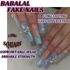 imageBABALAL Square Press on Nails Long Fake Nails Pink French Tip Glue on Nails 3d Flower Butterfly Rhinestone Charm Design Acrylic Nails 24Pcs Manicure Squoval False NailsFnm02blue