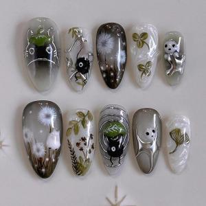 imageBABALAL Almond Press on Nails Medium Blue Green Fake Nails Bow Glue on Nails Cute Cat Flower Design Acrylic Nails 24Pcs Stiletto Handmade Full Cover False NailsSolid