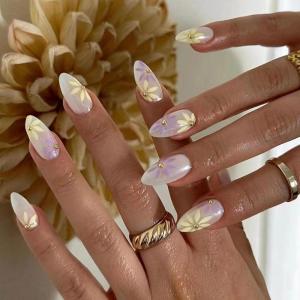 imageBABALAL Almond Press on Nails Medium Blue Green Fake Nails Bow Glue on Nails Cute Cat Flower Design Acrylic Nails 24Pcs Stiletto Handmade Full Cover False NailsFNZ10flower