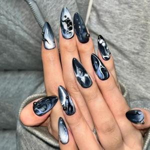 imageBABALAL Almond Press on Nails Medium Blue Green Fake Nails Bow Glue on Nails Cute Cat Flower Design Acrylic Nails 24Pcs Stiletto Handmade Full Cover False NailsFNZ20black