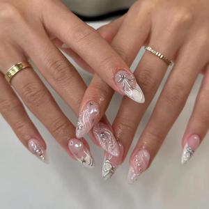 imageBABALAL Almond Press on Nails Medium Blue Green Fake Nails Bow Glue on Nails Cute Cat Flower Design Acrylic Nails 24Pcs Stiletto Handmade Full Cover False NailsFNZ18sliver