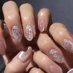 imageBABALAL Almond Press on Nails Medium Blue Green Fake Nails Bow Glue on Nails Cute Cat Flower Design Acrylic Nails 24Pcs Stiletto Handmade Full Cover False NailsFNZ29bling
