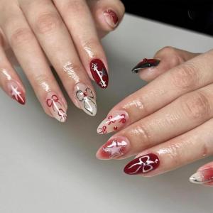 imageBABALAL Almond Press on Nails Medium Blue Green Fake Nails Bow Glue on Nails Cute Cat Flower Design Acrylic Nails 24Pcs Stiletto Handmade Full Cover False NailsFNZ02red