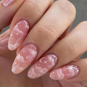 imageBABALAL Almond Press on Nails Medium Blue Green Fake Nails Bow Glue on Nails Cute Cat Flower Design Acrylic Nails 24Pcs Stiletto Handmade Full Cover False NailsFNZ03cloud