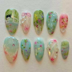 imageBABALAL Almond Press on Nails Medium Blue Green Fake Nails Bow Glue on Nails Cute Cat Flower Design Acrylic Nails 24Pcs Stiletto Handmade Full Cover False NailsFNZ19cute