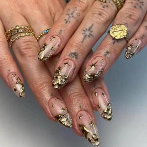 imageBABALAL Almond Press on Nails Medium Blue Green Fake Nails Bow Glue on Nails Cute Cat Flower Design Acrylic Nails 24Pcs Stiletto Handmade Full Cover False NailsFNZ14gold