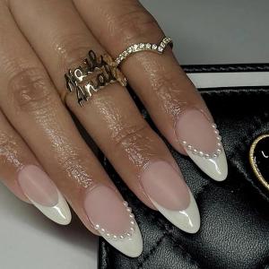 imageBABALAL Almond Press on Nails Medium Blue Green Fake Nails Bow Glue on Nails Cute Cat Flower Design Acrylic Nails 24Pcs Stiletto Handmade Full Cover False NailsFNZ30white