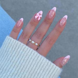 imageBABALAL Almond Press on Nails Medium Blue Green Fake Nails Bow Glue on Nails Cute Cat Flower Design Acrylic Nails 24Pcs Stiletto Handmade Full Cover False NailsFNZ01bow