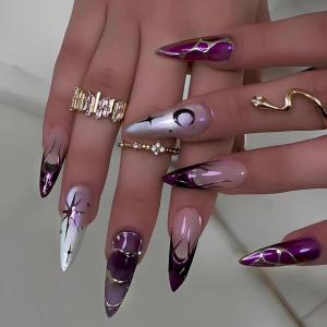 imageBABALAL Almond Press on Nails Medium Blue Green Fake Nails Bow Glue on Nails Cute Cat Flower Design Acrylic Nails 24Pcs Stiletto Handmade Full Cover False NailsFNZ20purple