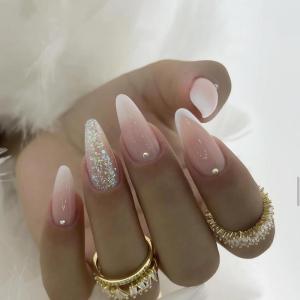 imageBABALAL Almond Press on Nails Medium Blue Green Fake Nails Bow Glue on Nails Cute Cat Flower Design Acrylic Nails 24Pcs Stiletto Handmade Full Cover False NailsFNZ21bling