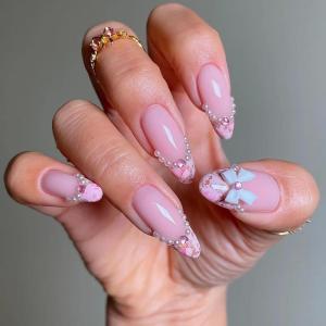 imageBABALAL Almond Press on Nails Medium Blue Green Fake Nails Bow Glue on Nails Cute Cat Flower Design Acrylic Nails 24Pcs Stiletto Handmade Full Cover False NailsFNZ03bow