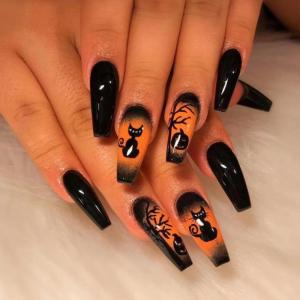 imageBABALAL Almond Press on Nails Medium Halloween Fake Nails Green Glitter French Glue on Nails Rhinestone Spider Ghost Stiletto Acrylic Nails Artificial Nails for Women and GirlsFNHA17orange