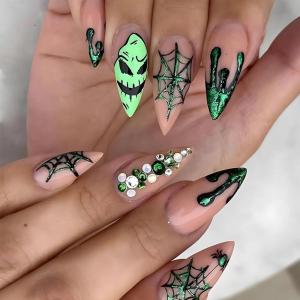 imageBABALAL Almond Press on Nails Medium Halloween Fake Nails Green Glitter French Glue on Nails Rhinestone Spider Ghost Stiletto Acrylic Nails Artificial Nails for Women and GirlsFNHA14green