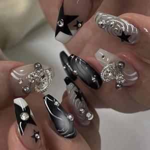 imageBABALAL Brown Press on Nails Medium Almond Fake Nails Fall Glue ons Nails with Design Autumn Acrylic Nails 24Pcs Stiletto False NailsANE05black