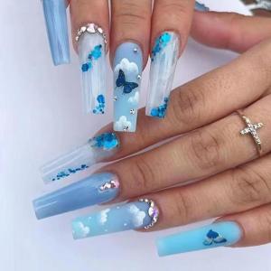 imageBABALAL Coffin Press on Nails Long Fake Nails Glossy Blue Glue on Nails Butterfly Ballerina Acrylic Nails 24Pcs Rhinestones Manicure Thanksgiving Stick on Nails for Women and GirlsNP402blue